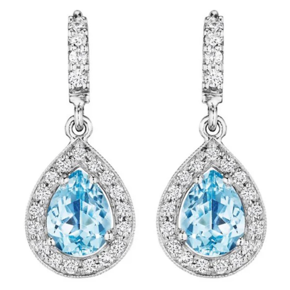 Designer PENNY PREVILLE 18K White Gold Diamond Aquamarine Dangle Drop Earrings